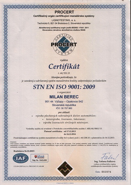 Certifikt ISO 9001:2009
